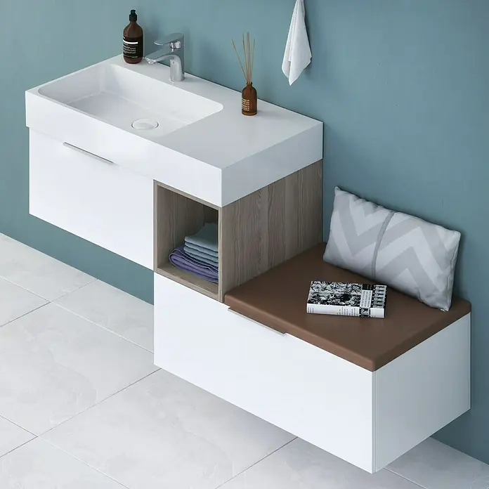 Camargue Cube Einbauwaschbecken - 90 x 49 cm, Weiß, 1 Hahnloch - Modernes Badezimmer-Waschbecken mit weißer Arbeitsplatte, Stauraum und Sitzbank mit Kissen, ideal für stilvolle Badezimmer.