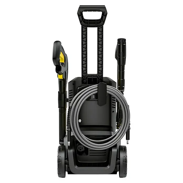 Kärcher Hochdruckreiniger K 5 Pure Flex Home - 2.100 W, Max. Druck: 145 bar, Fördermenge: 500 l/h - Eine Nahaufnahme eines Kärcher Hochdruckreinigers mit Zubehör und Schlauchaufwicklung in Schwarz und Gelb.