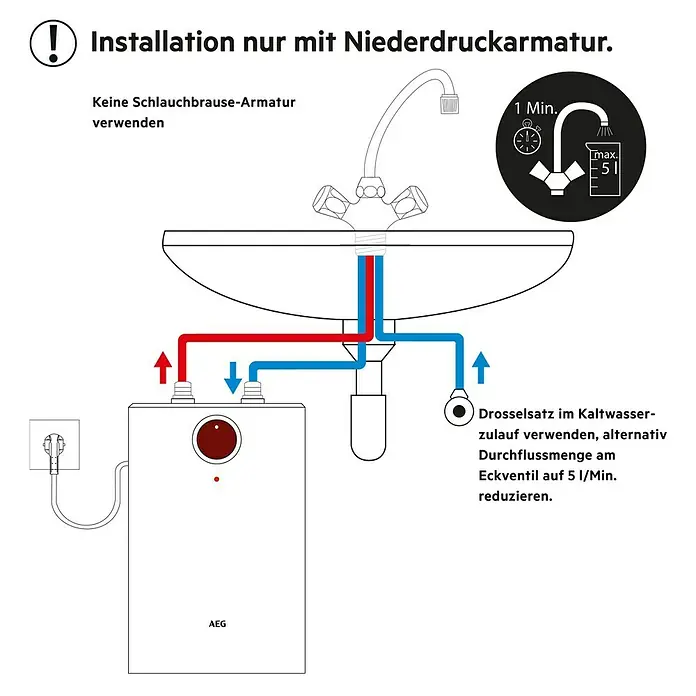 AEG Warmwasserspeicher Huz 5 Drop Stop - 5 l, Temperaturbereich: 35 °C - 85 °C, Untertischmontage - Installationshinweis: Nur Niederdruckarmatur verwenden. Keine Schlauchbrause-Armatur verwenden. Drosselsatz im Kaltwasserzulauf.