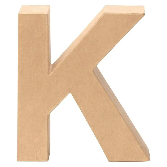 Glorex Papp-Buchstabe - Motiv: K, Pappe, L x B x H: 17,5 x 14 x 5,5 cm - Nahaufnahme eines hellbraunen MDF-Buchstabens K, ideal zum Basteln und für personalisierte Dekorationen.