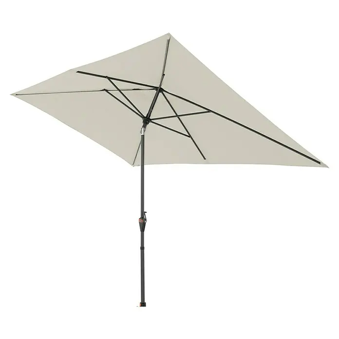 Doppler Marktschirm myZone - Natur, Bespannungsmaß (L x B): 200 x 300 cm - Ein Gartenschirm mit einem rechteckigen, cremefarbenen Schirm und einem stabilen, dunklen Ständer bietet Schatten und Schutz vor der Sonne.
