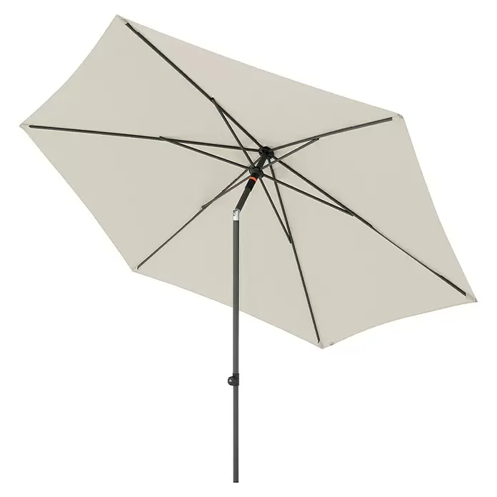 Doppler Marktschirm rund myZone Push Up - Natur, Durchmesser Bespannung: 300 cm - Rechteckiger cremefarbener Gartenschirm, von unten sichtbar mit dunkelgrauem Metallgestell.