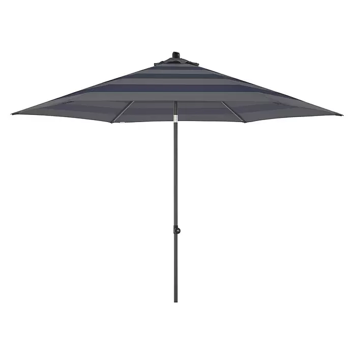 Doppler Marktschirm rund myZone Push Up - Anthrazit, Durchmesser Bespannung: 300 cm - Gestreifter Terrassenschirm mit dunkelblau-grauem Bezug und einem dunkelgrauen Mittelstock.