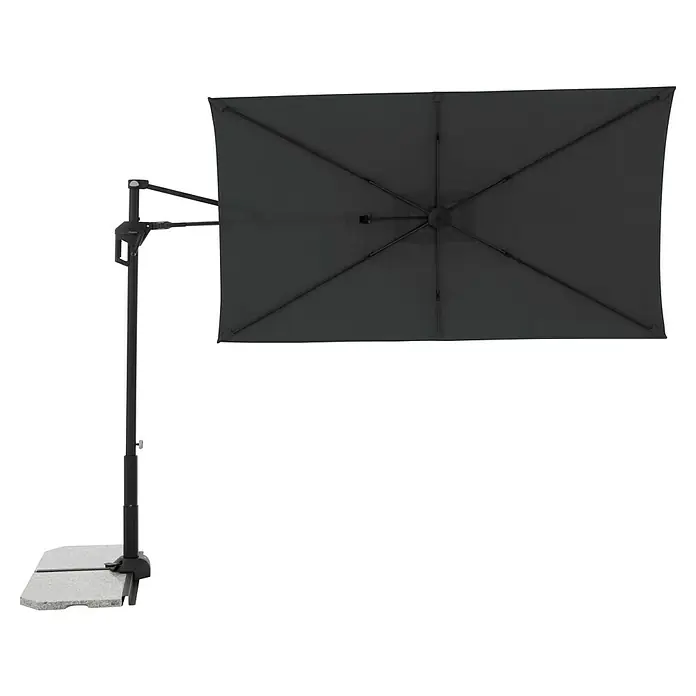 Doppler Active Ampelschirm Side City - Anthrazit, Bespannungsmaß (L x B): 240 x 135 cm - Darstellung eines schwarzen Sonnenschirms mit rechteckigem Schirm und stabilem Sockel. Perfekt für den Außenbereich!