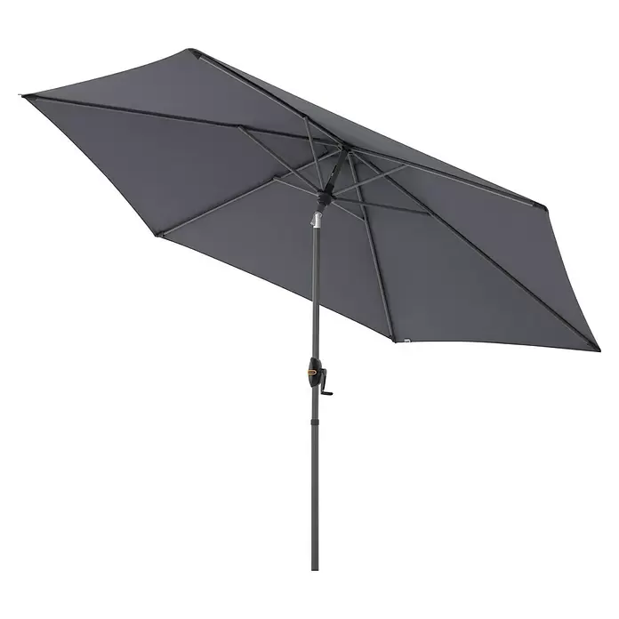 Doppler Marktschirm rund myZone Auto Tilt - Anthrazit, Durchmesser Bespannung: 305 cm - Dunkelgrauer rechteckiger Outdoor-Sonnenschirm mit Kurbelmechanismus.