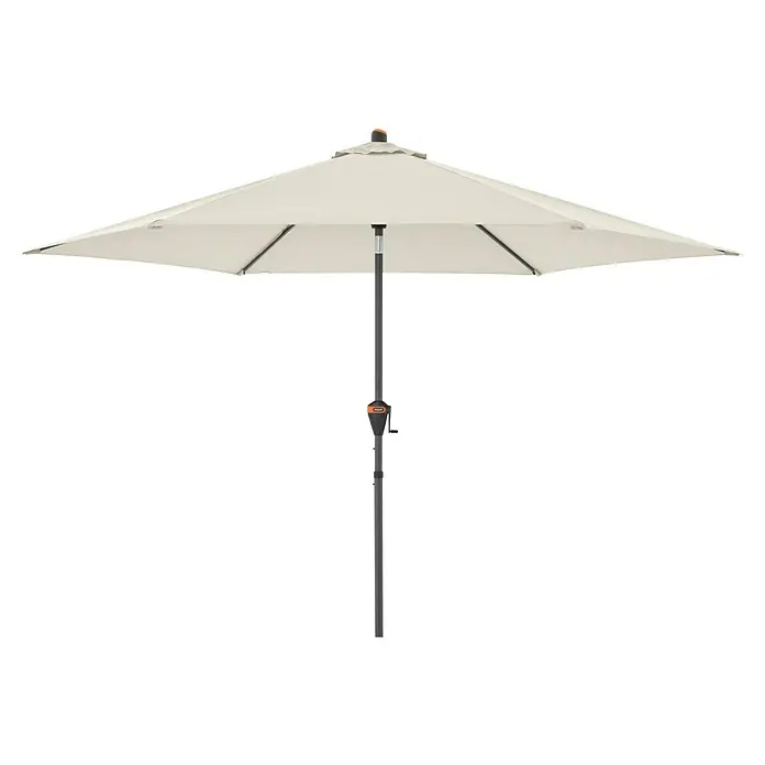 Doppler Marktschirm rund myZone Auto Tilt - Natur, Durchmesser Bespannung: 305 cm - Ein eleganter Sonnenschirm in Beige mit einem robusten, grauen Ständer, ideal für sonnige Tage im Freien.