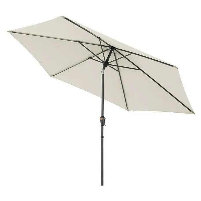 Doppler Marktschirm rund myZone Auto Tilt - Natur, Durchmesser Bespannung: 305 cm - Schirm: Ein grauer Gartenschirm mit rechteckigem Schirmdach bietet Schatten und Schutz vor Sonne, ideal für Garten und Terrasse.