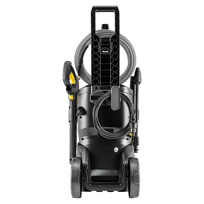 Kärcher Hochdruckreiniger K 7 WCM Pure Flex Home - 3.000 W, Max. Druck: 180 bar, Fördermenge: 600 l/h - Die Rückansicht eines Kärcher Hochdruckreinigers mit grauem Schlauch und Kabelaufwicklung. Das Gerät ist hauptsächlich in Schwarz gehalten.