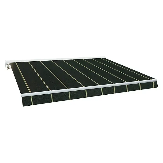 SmartSun Toldo de brazos extensibles Original Kit Acrílico - Gris oscuro, Ancho: 4 m, Caída: 2,5 m - Imagen de un toldo con rayas blancas y negras. El toldo está extendido y da sombra.