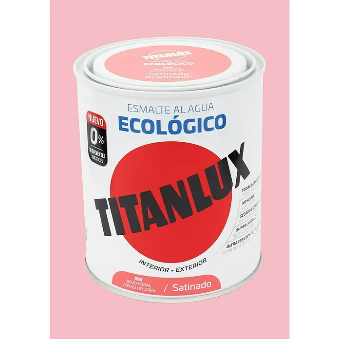 Titanlux Esmalte de color Eco - Rojo coral, Satinado, 750 ml, Base de agua - Bote de pintura al agua Titanlux, producto ecológico, color rojo coral, ideal para interiores y exteriores, con acabado satinado.