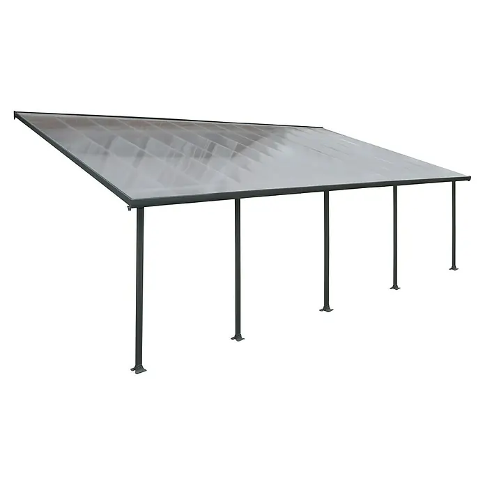 Solid Elements Terrassenüberdachung Martina - B x T: 787 x 400 cm, Anthrazitgrau, Polycarbonat, Transparent - Eine Außenansicht eines Carports mit einem Dach aus lichtdurchlässigen Polycarbonatplatten und grauem Metallrahmen.