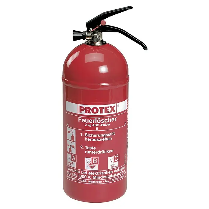 Gloria Dauerdruck-Pulverfeuerlöscher Protex PD 2 GA - 2 kg, Pulver, DIN EN 3 - Roter Protex Feuerlöscher, 2 kg ABC-Pulver, mit Bedienungsanleitung und Warnhinweisen für elektrische Anlagen.