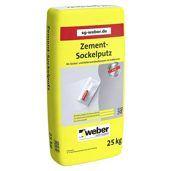 SG Weber Zement-Sockelputz IP 14 - 25 kg - Sack Zement-Sockelputz von Weber Saint-Gobain, gelb mit rotem Logo. Geeignet für Sockel- und Kellerwände im Erdreich, 25 kg.