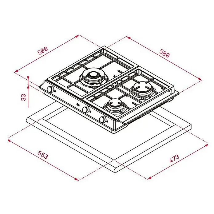 Teka Placa de cocción de gas EX 60.1 3G - Acero inoxidable - Imagen de una placa de gas con dimensiones de 500 x 580 mm y una altura de 33 mm, colocada sobre un corte de 553 x 473 mm.