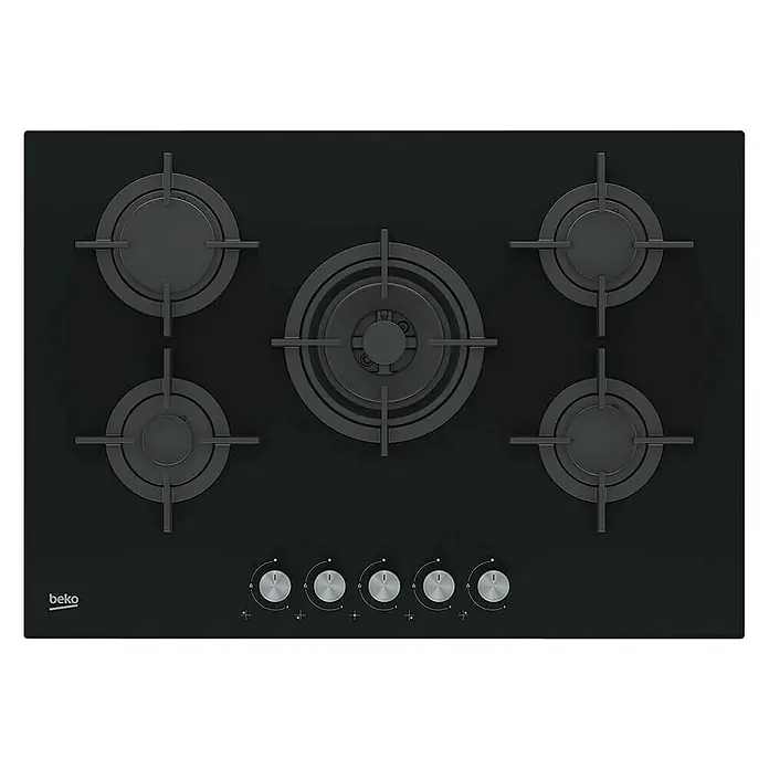 Beko Placa de cocción de cristal HILW 75222 SL - L x An: 52,4 x 75 cm, Número de quemadores de gas: 5 ud. - Encimera de gas negra de Beko con cinco quemadores y mandos. Diseño moderno para cocinar con estilo. Práctica y eficiente.