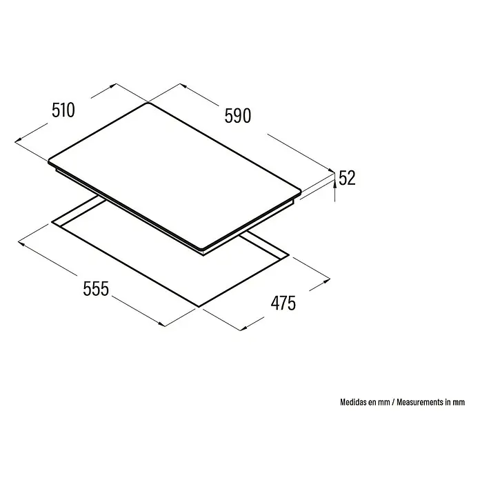 Cata Placa de cocción de cristal CCI 6021BK - L x An: 51 x 59 cm, Número de quemadores de gas: 3 ud. - Ilustración de un boceto de placa de cocina con las dimensiones 510 x 590 mm (superior) y 555 x 475 mm (inferior), altura 52 mm.