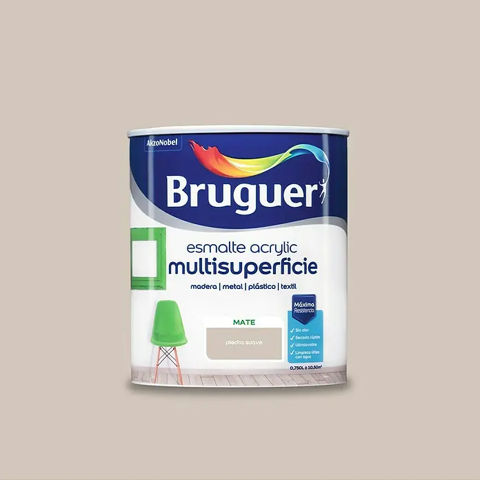 Bruguer Esmalte de color Acrylic Multisuperficie - Piedra suave, Mate, 750 ml, Base de agua - Bote de pintura acrílica multisuperficie de Bruguer en "piedra suave", ideal para madera, metal, plástico y textiles.