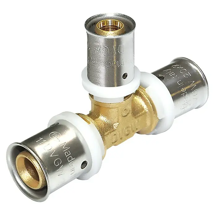 Comisa Press-T-Stück - 26 x 16 x 26 mm, Durchmesser: 26 mm - Messing T-Stück mit vernickelten Anschlüssen und weißen Dichtungsringen für Sanitäranwendungen, ideal für Rohrinstallationen und Heizungssysteme.