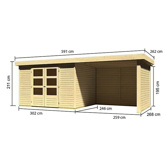 Karibu Gartenhaus Askola (L x B: 246 x 557 cm, Wandstärke: 19 mm, Flachdach, Natur, Mit Anbau, Seiten- & Rückwand)