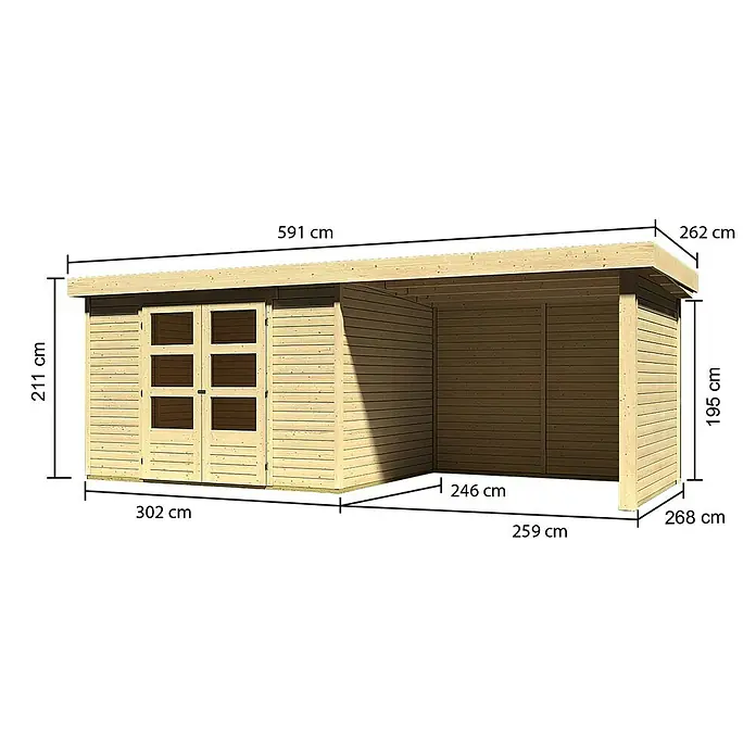 Karibu Gartenhaus Askola 5 - Außenmaß inkl. Dachüberstand (B x T): 591,5 x 262 cm, Holz, Natur, Mit Seitendach, Rück- und Seitenwand - Ansicht des Gartenhauses mit allen Maßangaben in Zentimetern, die auf dem Bild zu sehen sind.