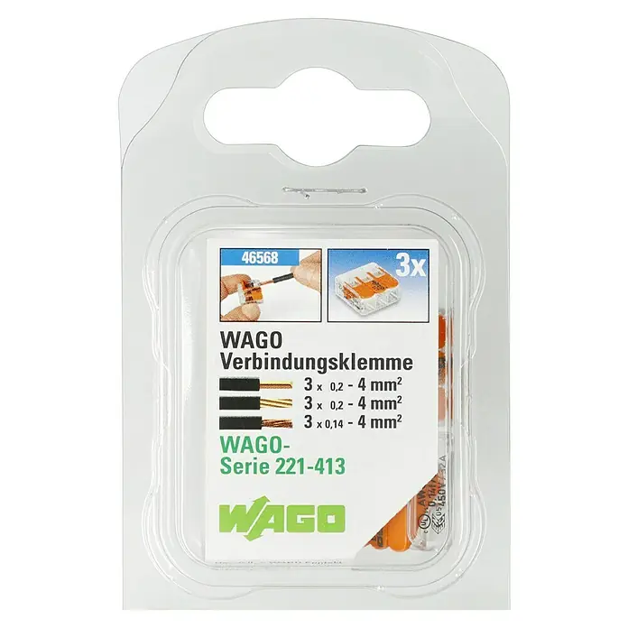 Wago Compact Hebelklemme 221-413 - Anzahl Leiter: 3 Stk., 3 Stk. - Eine Blisterpackung mit 3 WAGO Verbindungsklemmen der Serie 221-413 für Drähte von 0,14 bis 4 mm².