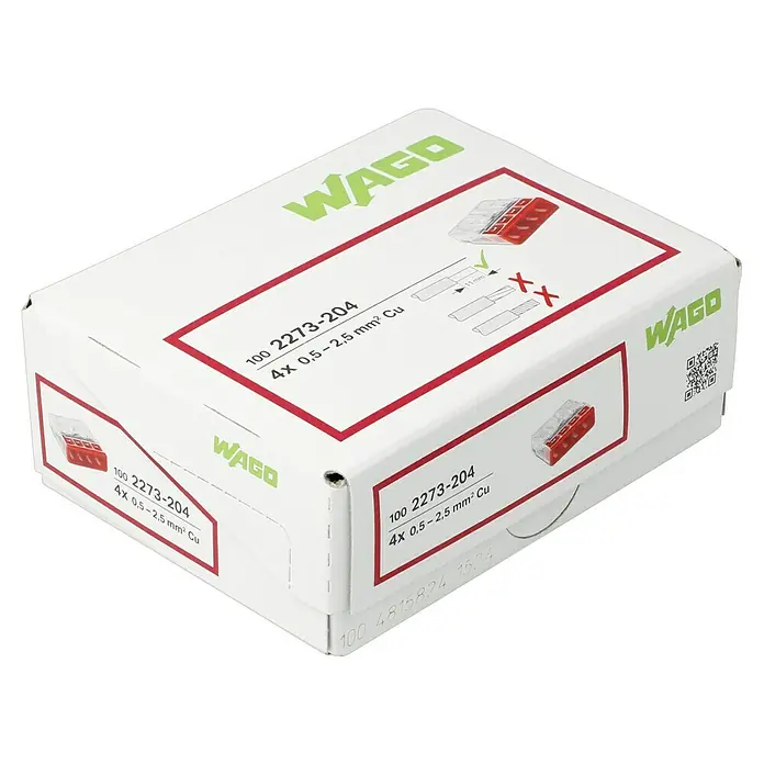 Wago Compact Steckklemme 2273-204 - Anzahl Leiter: 4 Stk., 0,5 mm² - 2,5 mm², 100 Stk. - Eine Packung WAGO 2273-204 Verbindungsklemmen für 4 Leiter mit einem Querschnitt von 0,5-2,5 mm².