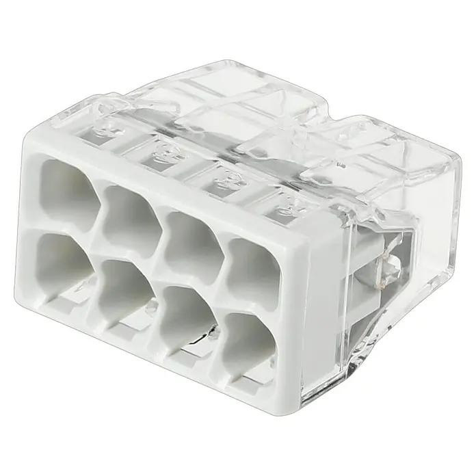 Wago Compact Steckklemme 2273-208 - Anzahl Leiter: 8 Stk., 0,5 mm² - 2,5 mm², 10 Stk. - Detailaufnahme eines Steckverbinders für elektrische Leitungen mit mehreren Eingängen, ideal für die sichere Elektroinstallation.