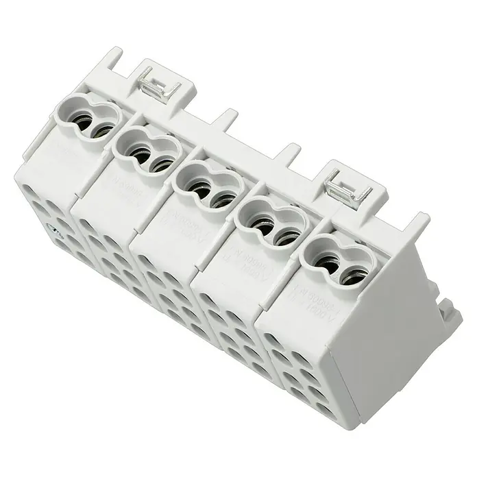 Pollmann Hauptleitungs-Abzweigklemme 25 mm² - Anzahl Leiter: 5 Stk. - Eine weiße, mehrfach verwendbare Reihenklemme zur sicheren Verbindung von Elektrokabeln. Das Produkt ist für eine Spannung bis zu 1000 V geeignet.