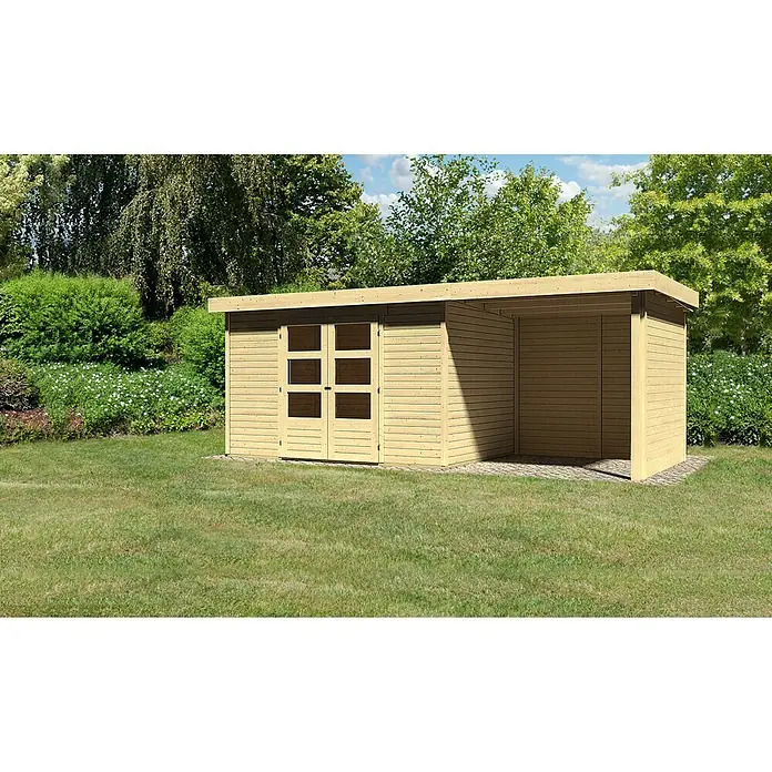Karibu Gartenhaus Askola - Außenmaß inkl. Dachüberstand (B x T): 554 x 238 cm, Holz, Natur, Mit Anbau, Rück- und Seitenwand - Ein Holzgartenhaus mit Doppeltür und einer offenen Veranda bietet zusätzlichen Stauraum und Schutz für Gartengeräte.