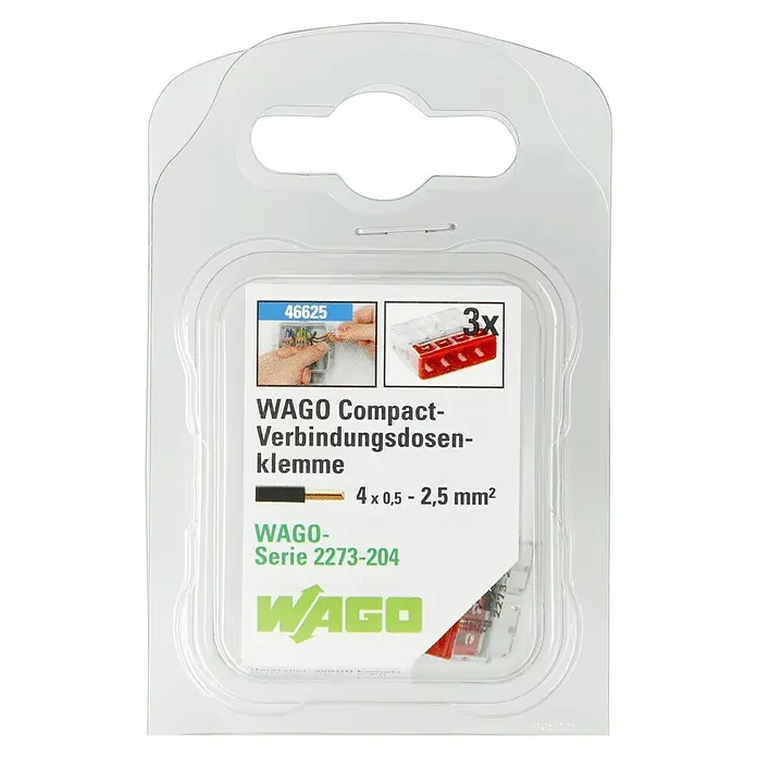 Wago Compact Steckklemme - Anzahl Leiter: 4 Stk., 0,5 mm² - 2,5 mm², 3 Stk. - Eine Packung WAGO Compact-Verbindungsdosenklemmen der Serie 2273-204, geeignet für 4 x 0,5 - 2,5 mm² Kabel, mit drei Klemmen pro Packung.