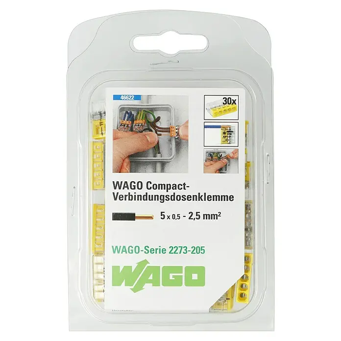 Wago Compact Steckklemme - Anzahl Leiter: 5 Stk., 0,5 mm² - 2,5 mm², 30 Stk. - WAGO Compact-Verbindungsdosenklemme im Blisterpack. 30 Stück der WAGO-Serie 2273-205 für Kabel mit 5 x 0,5 – 2,5 mm².