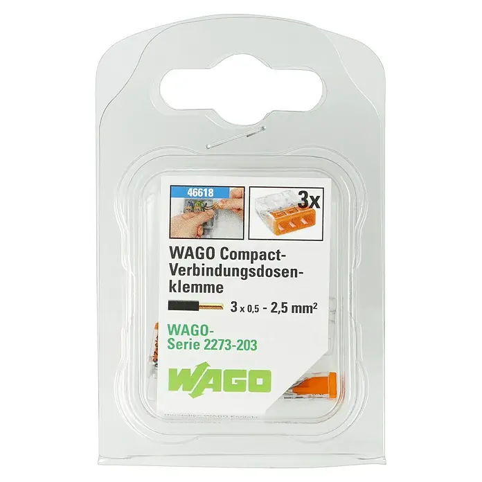 Wago Compact Steckklemme - Anzahl Leiter: 3 Stk., 0,5 mm² - 2,5 mm², 3 Stk. - Verpackung einer WAGO Compact-Verbindungsdosenklemme Serie 2273-203, geeignet für 3 x 0,5 - 2,5 mm² Kabel.