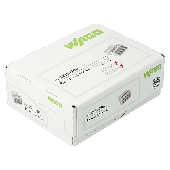 Wago Compact Steckklemme 2273-208 - Anzahl Leiter: 8 Stk., 0,5 mm² - 2,5 mm², 50 Stk. - Eine Nahaufnahme einer Verpackung WAGO 2273-208 Verbindungsklemmen, die eine klare Darstellung der Produktdetails bietet.