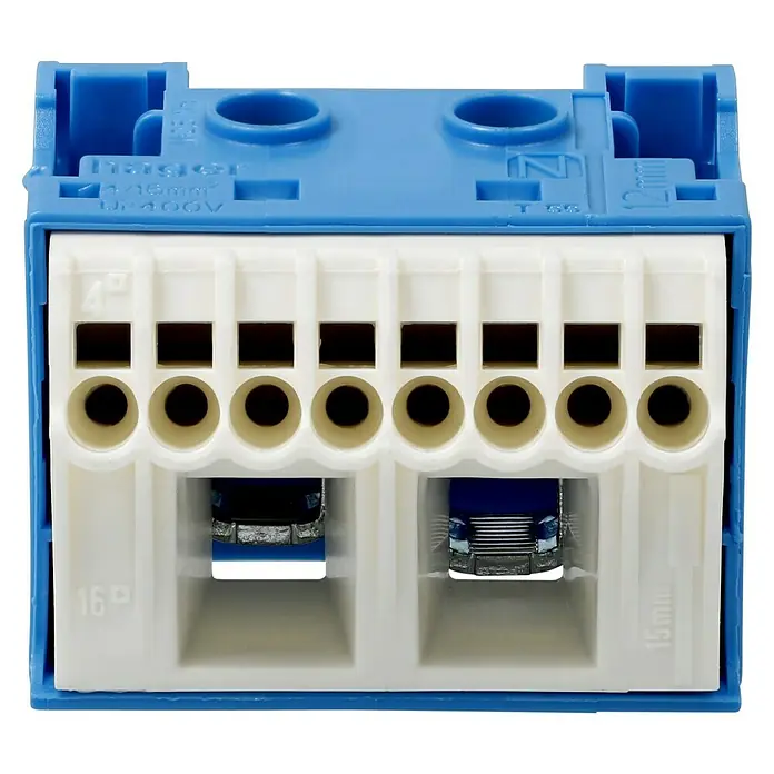 Hager N-Klemmblock - Anzahl Klemmstellen: 10 Stk., Blau - Detailaufnahme eines blauen und weißen Hager-Verteilerblocks mit acht Anschlüssen, der elektrische Verbindungen in Schaltkreisen ermöglicht.