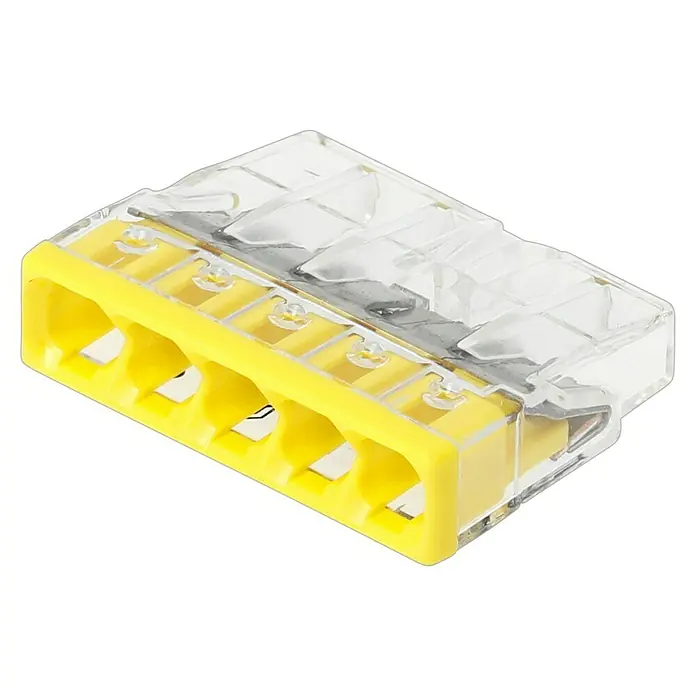 Wago Compact Steckklemme - Anzahl Leiter: 5 Stk., 0,5 mm² - 2,5 mm², 30 Stk. - Klemmenblock mit gelbem Gehäuse und transparentem Deckel zur sicheren Verbindung von elektrischen Leitern.