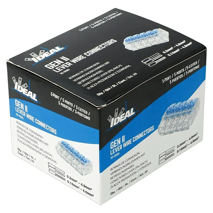 Ideal Hebelklemme Gen II - Anzahl Leiter: 5 Stk., 4 mm², 30 Stk. - Bild von Ideal Gen II Hebelklemmen-Verbindern. Praktische, mehrfach verwendbare Verbindungsklemmen für elektrische Installationen.