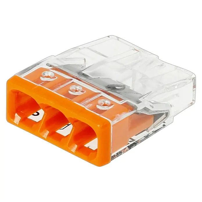Wago Compact Steckklemme 2273-203 - Anzahl Leiter: 3 Stk., 0,5 mm² - 2,5 mm², 10 Stk. - Detailaufnahme einer Wago-Klemme mit drei Anschlüssen, die für schnelle und sichere elektrische Verbindungen sorgt.