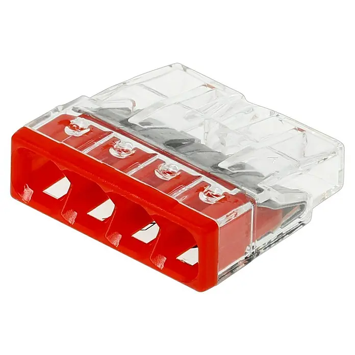 Wago Compact Steckklemme - Anzahl Leiter: 4 Stk., 0,5 mm² - 2,5 mm², 3 Stk. - Detailaufnahme einer 4-fach Wago-Klemme mit rotem Gehäuse und transparentem Oberteil, ideal für sichere und einfache elektrische Verbindungen.