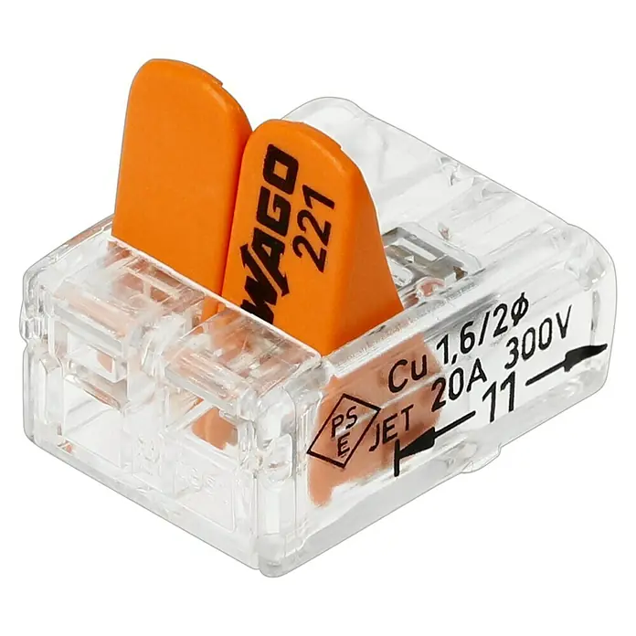 Wago Compact Hebelklemme 221-412 - Anzahl Leiter: 2 Stk., 0,14 mm² - 4 mm², 3 Stk. - Nahaufnahme eines WAGO 221-Verbindungsstücks, einem elektrischen Bauteil zum sicheren Verbinden von Drähten.