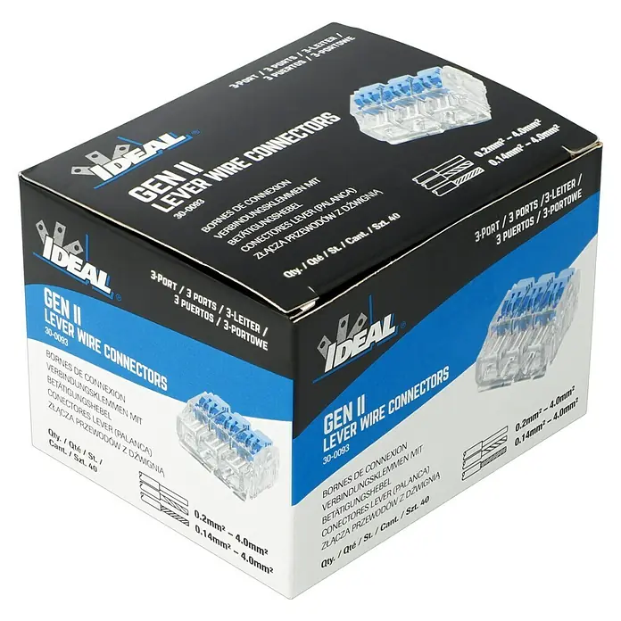 Ideal Hebelklemme Gen II - Anzahl Leiter: 3 Stk., 4 mm², 40 Stk. - Bild einer Verpackung von IDEAL GEN II Hebelklemmen.