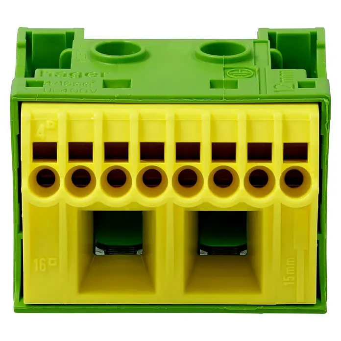 Hager PE-Klemmblock - Anzahl Klemmstellen: 10 Stk., Grün/Gelb - Nahaufnahme einer Hager-Klemmenleiste in Gelb und Grün, ein essenzielles Elektroinstallationsprodukt.
