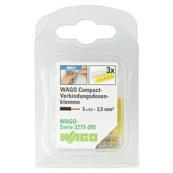 Wago Compact Steckklemme - Anzahl Leiter: 5 Stk., 0,5 mm² - 2,5 mm², 3 Stk. - Verpackung von WAGO Compact-Verbindungsdosenklemmen, 3 Stück, für Drähte von 0,5 bis 2,5 mm². Ideal für sichere und schnelle Elektroinstallationen.
