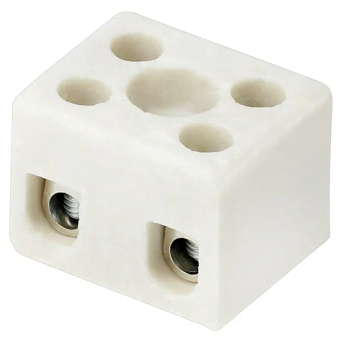 Pollmann Keramikklemme 2-polig - Weiß, Polanzahl: 2 Stk., 1 mm² - 6 mm², 3 Stk. - Nahaufnahme eines weißen Keramik-Klemmenblocks mit Schraubverbindungen, ideal für sichere elektrische Verbindungen.