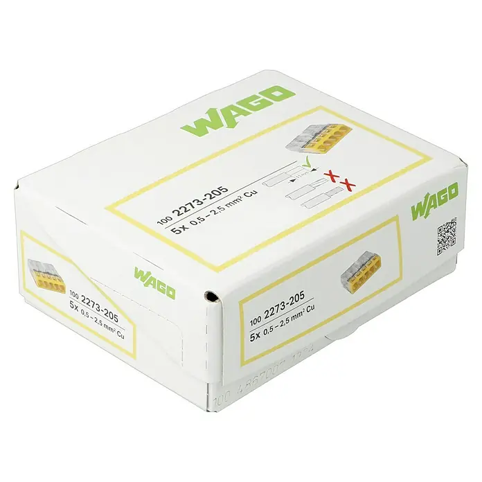 Wago Compact Steckklemme 2273-205 - Anzahl Leiter: 5 Stk., 0,5 mm² - 2,5 mm², 100 Stk. - Eine Schachtel WAGO 2273-205 Verbindungsklemmen für Kupferleiter mit einem Querschnitt von 0,5-2,5 mm². Die kompakte Bauweise ermöglicht einfache Installation.