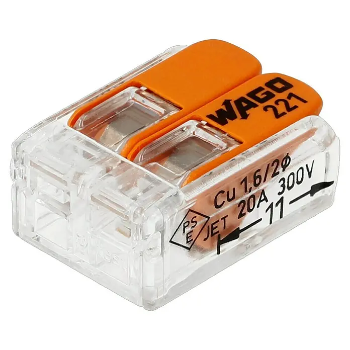 Wago Compact Hebelklemme 221-412 - Anzahl Leiter: 2 Stk., 0,14 mm² - 4 mm², 3 Stk. - Nahaufnahme einer WAGO 221-Klemme, einem elektrischen Verbindungselement für sichere und zuverlässige Drahtverbindungen.