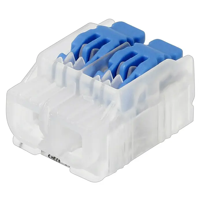 Ideal Hebelklemme Gen II - Anzahl Leiter: 2 Stk., 4 mm², 40 Stk. - Nahaufnahme einer transparenten WAGO-Klemme mit blauen Hebeln, ein nützliches Werkzeug für elektrische Verbindungen.