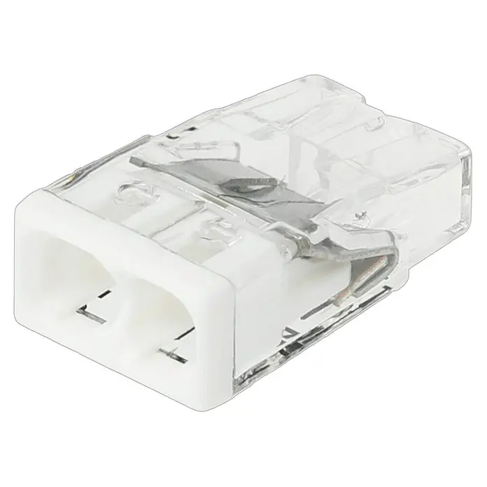Wago Steckklemme 2273-202 - Anzahl Leiter: 2 Stk., 0,5 mm² - 2,5 mm², 100 Stk. - Nahaufnahme eines transparenten, federbelasteten Kabelverbinders, ideal für schnelle und sichere elektrische Verbindungen in verschiedenen Anwendungen.