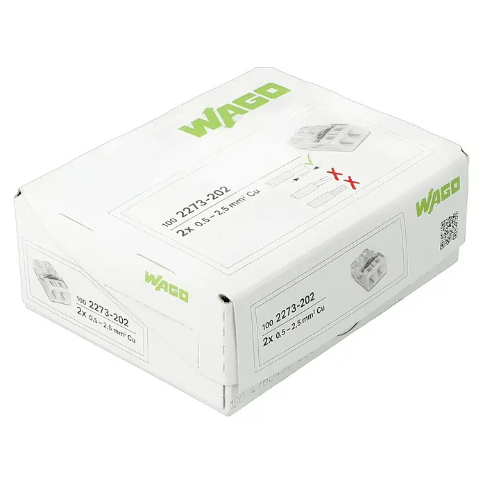 Wago Steckklemme 2273-202 - Anzahl Leiter: 2 Stk., 0,5 mm² - 2,5 mm², 100 Stk. - Eine Packung WAGO 2273-202 Verbindungsklemmen für zwei Leiter mit einem Querschnitt von 0,5-2,5 mm².