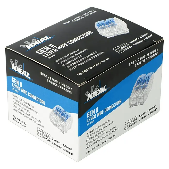 Ideal Hebelklemme Gen II - Anzahl Leiter: 2 Stk., 4 mm², 40 Stk. - Abbildung einer Packung IDEAL GEN II Hebelklemmen, geeignet für Drähte von 0,14 mm² bis 4,0 mm².