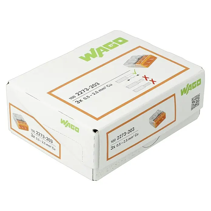 Wago Compact Steckklemme 2273-203 - Anzahl Leiter: 3 Stk., 0,5 mm² - 2,5 mm², 100 Stk. - Eine Schachtel Wago 2273-203 Verbindungsklemmen für 3x 0,5-2,5 mm² Cu Leiter, ideal für Elektroinstallationen und sichere Verbindungen.